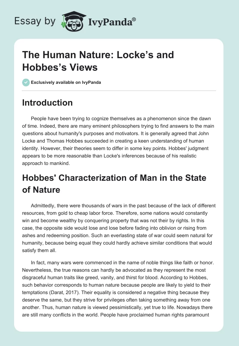 The Human Nature: Locke’s and Hobbes’s Views. Page 1