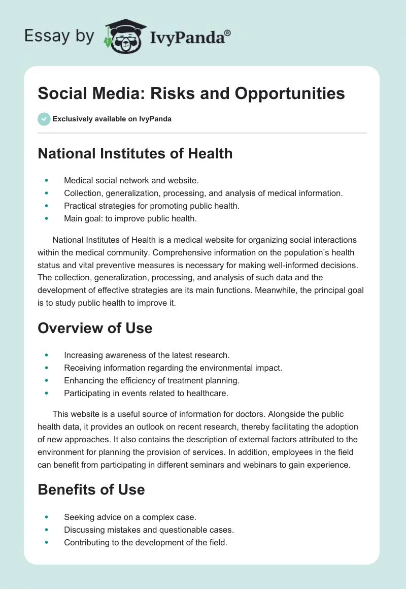 Social Media: Risks and Opportunities. Page 1