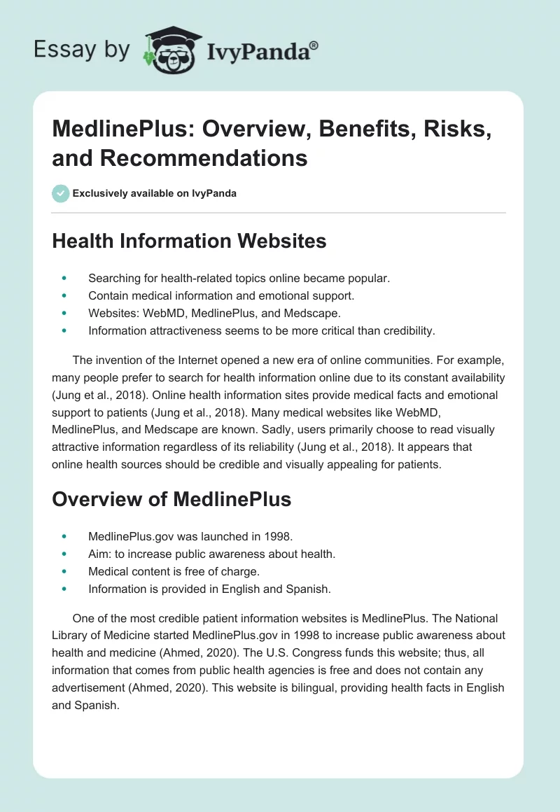 MedlinePlus: Overview, Benefits, Risks, and Recommendations. Page 1