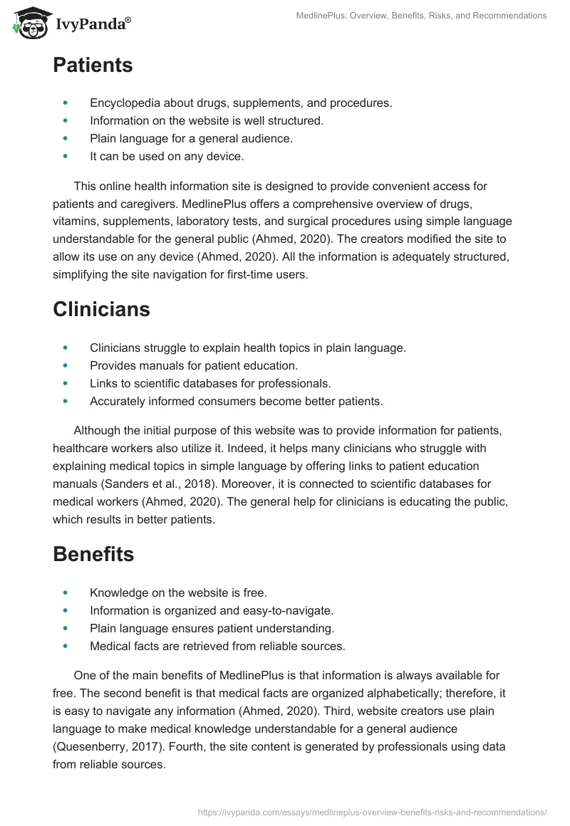 MedlinePlus: Overview, Benefits, Risks, and Recommendations. Page 2