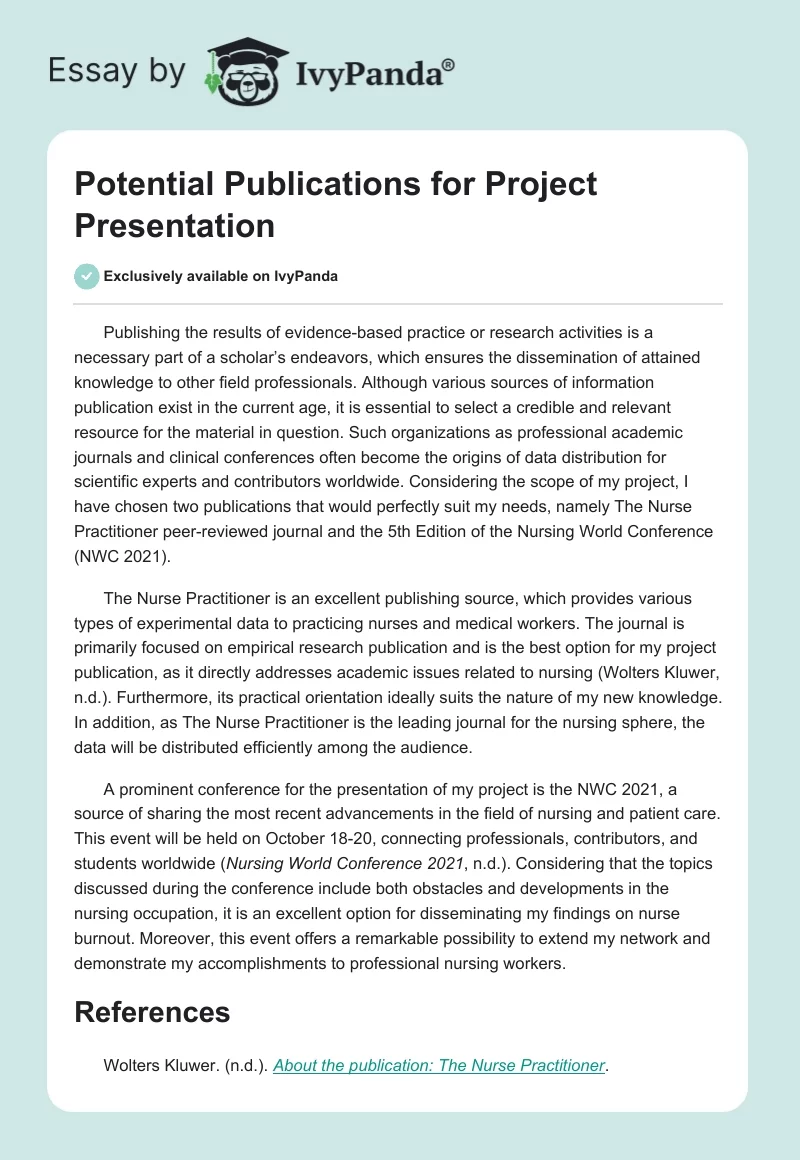 Potential Publications for Project Presentation. Page 1