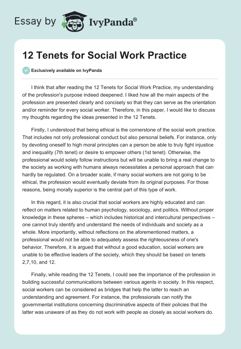 12 Tenets for Social Work Practice. Page 1