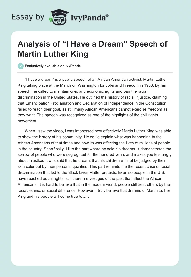 Analysis of “I Have a Dream” Speech of Martin Luther King. Page 1