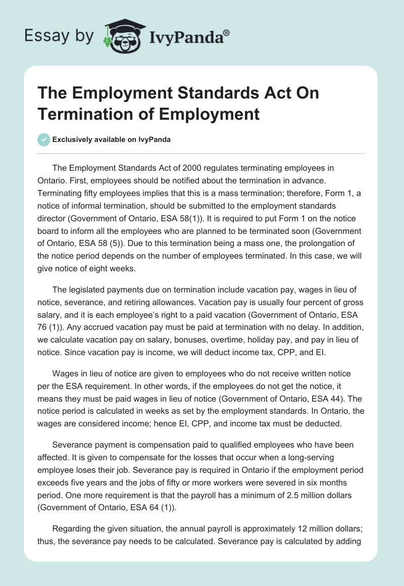 The Employment Standards Act On Termination of Employment. Page 1