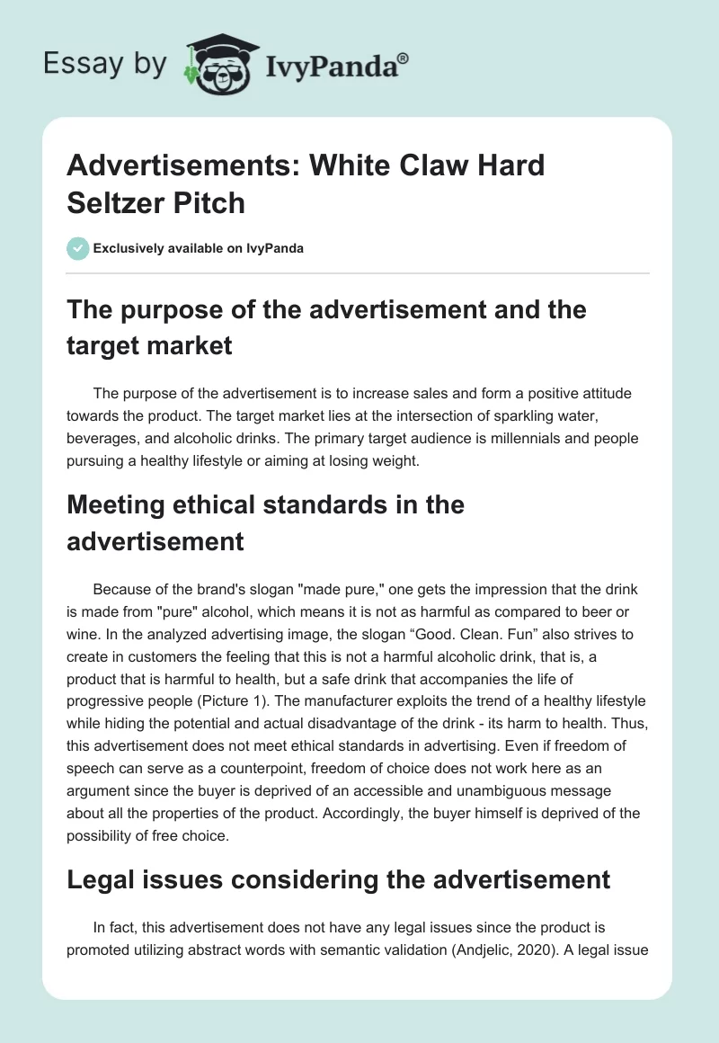 Advertisements: White Claw Hard Seltzer Pitch. Page 1