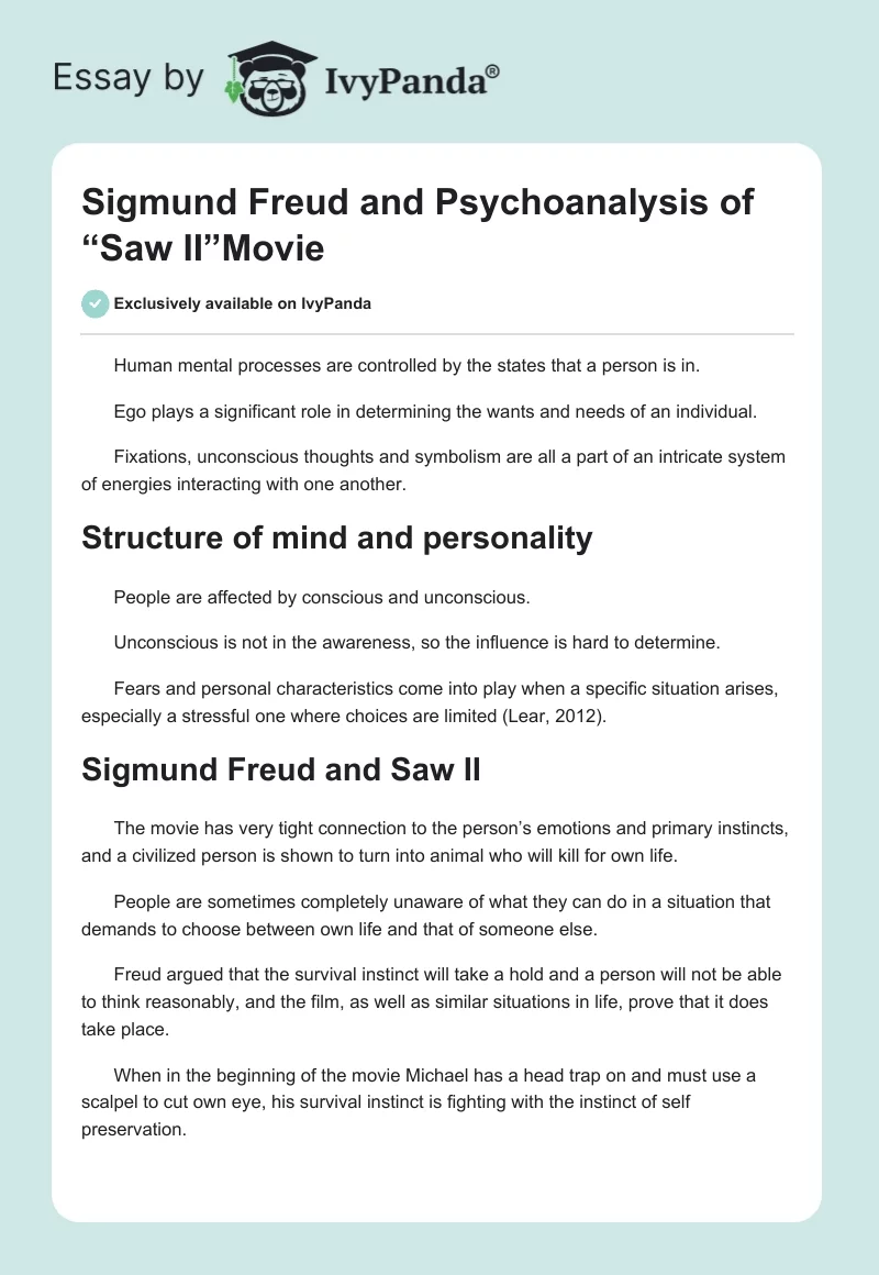 Sigmund Freud and Psychoanalysis of “Saw II”Movie. Page 1