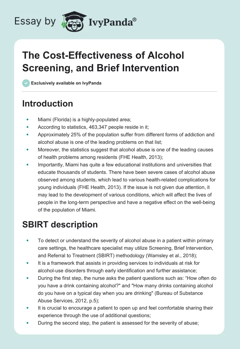 The Cost-Effectiveness of Alcohol Screening, and Brief Intervention. Page 1