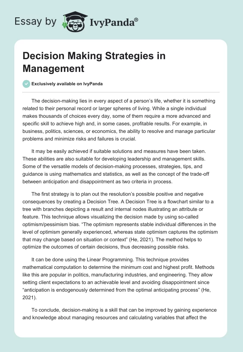 Decision Making Strategies in Management. Page 1