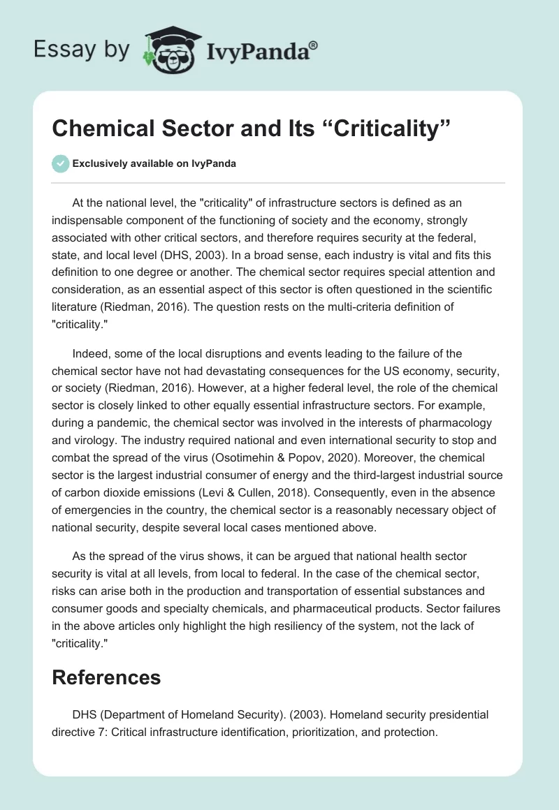 Chemical Sector and Its “Criticality”. Page 1