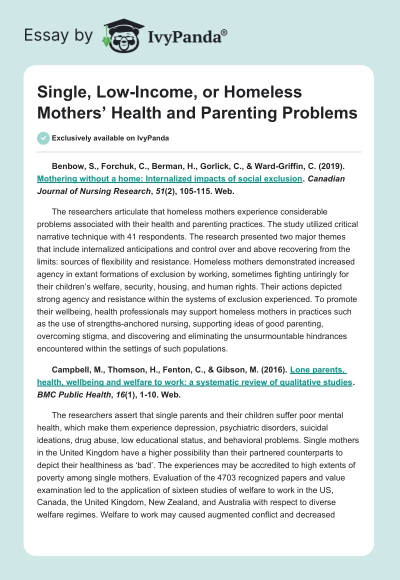 Single, Low-Income, or Homeless Mothers’ Health and Parenting Problems. Page 1