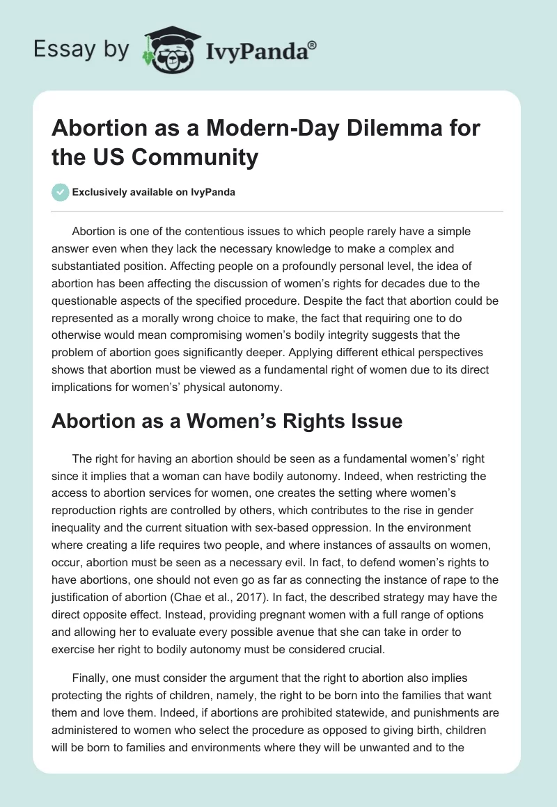 Abortion as a Modern-Day Dilemma for the US Community. Page 1