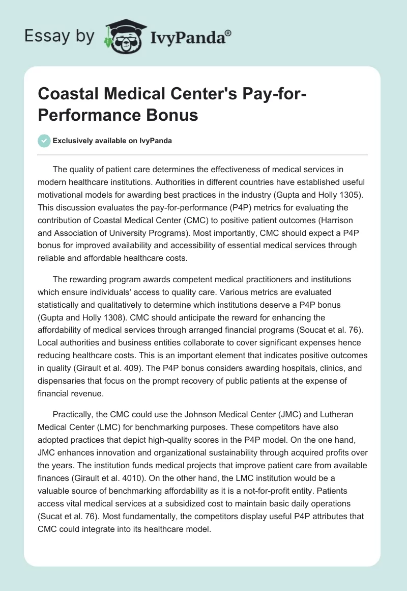 Coastal Medical Center's Pay-for-Performance Bonus. Page 1