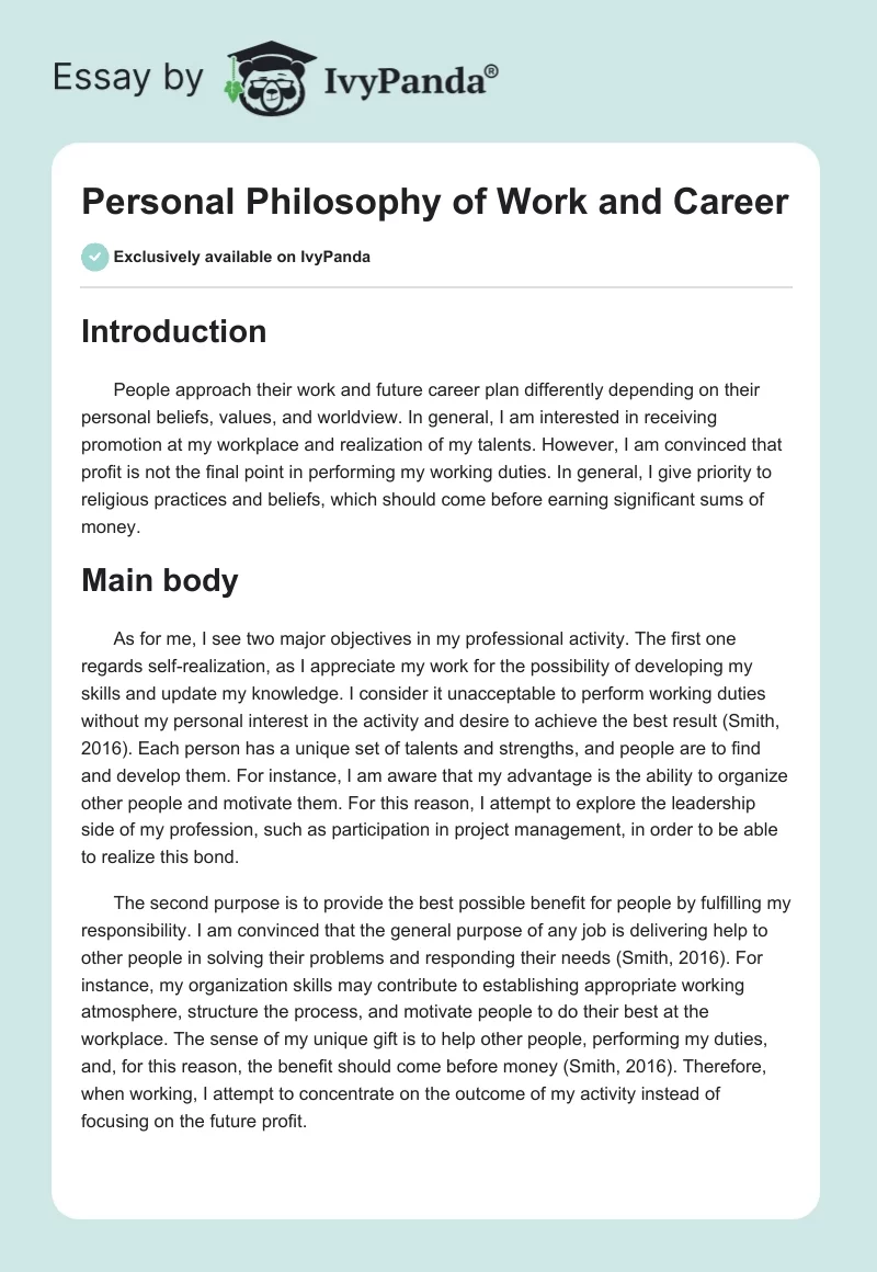 Personal Philosophy of Work and Career. Page 1