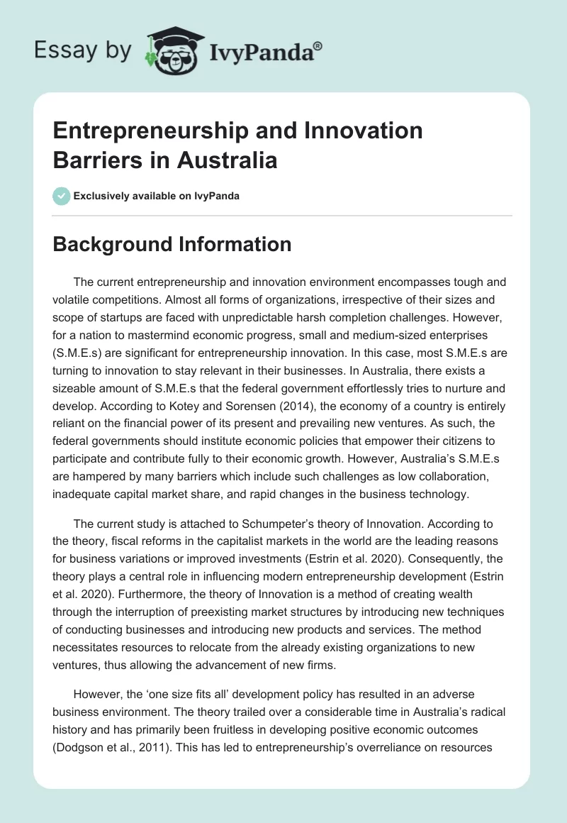 Entrepreneurship and Innovation Barriers in Australia. Page 1