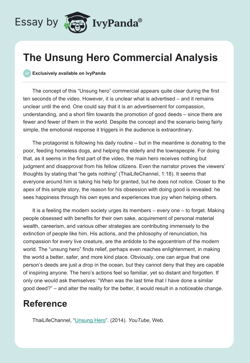 The Unsung Hero Commercial Analysis. Page 1