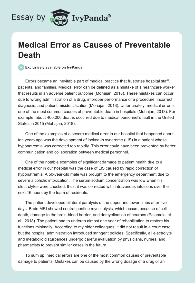 Medical Error as Causes of Preventable Death. Page 1
