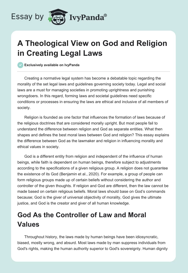 A Theological View on God and Religion in Creating Legal Laws. Page 1