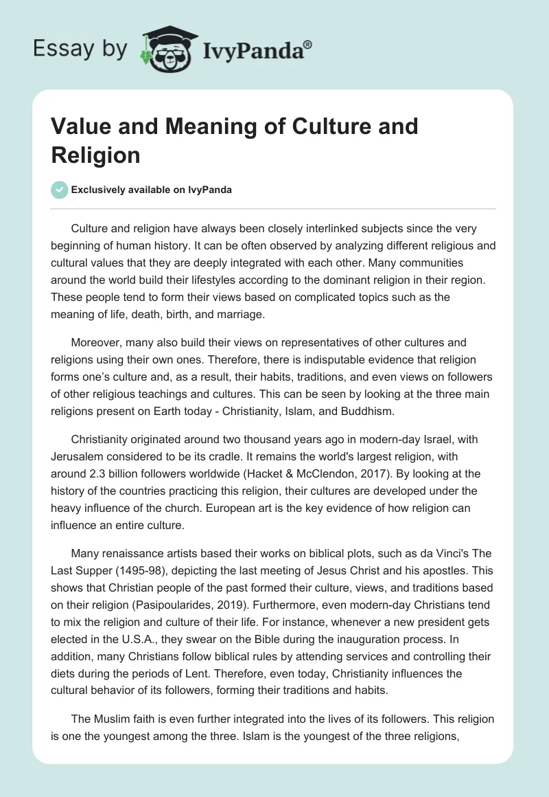 Value and Meaning of Culture and Religion. Page 1