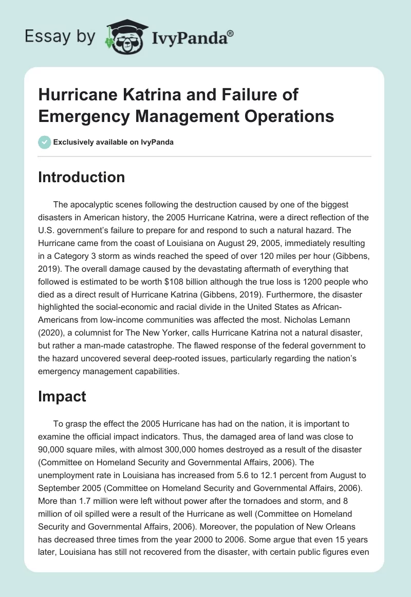 Hurricane Katrina and Failure of Emergency Management Operations. Page 1