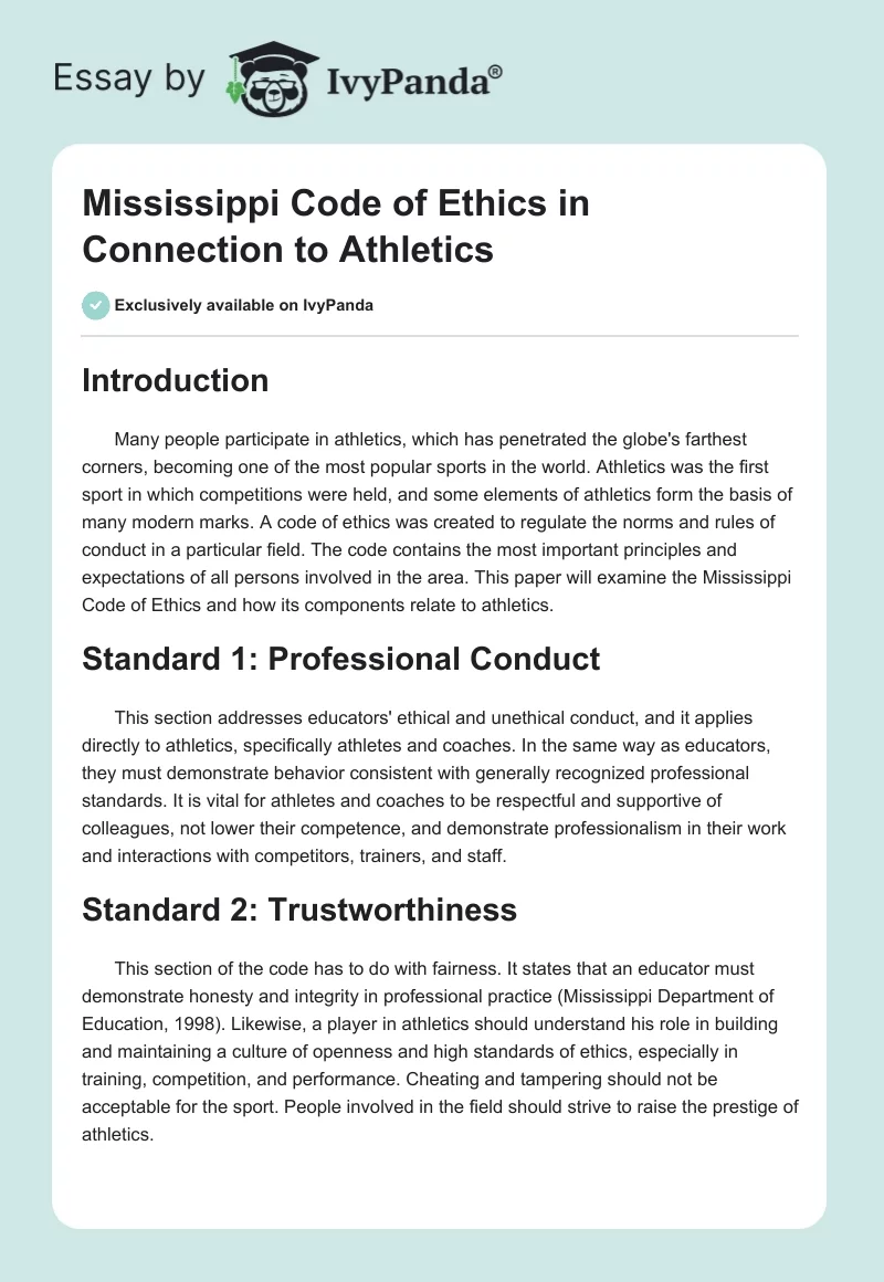 Mississippi Code of Ethics in Connection to Athletics. Page 1