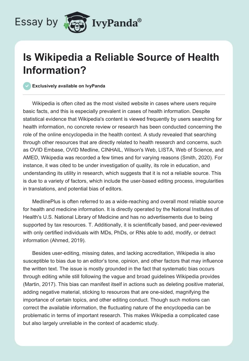 Is Wikipedia a Reliable Source of Health Information?. Page 1