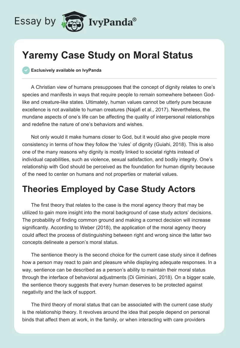 Yaremy Case Study on Moral Status. Page 1
