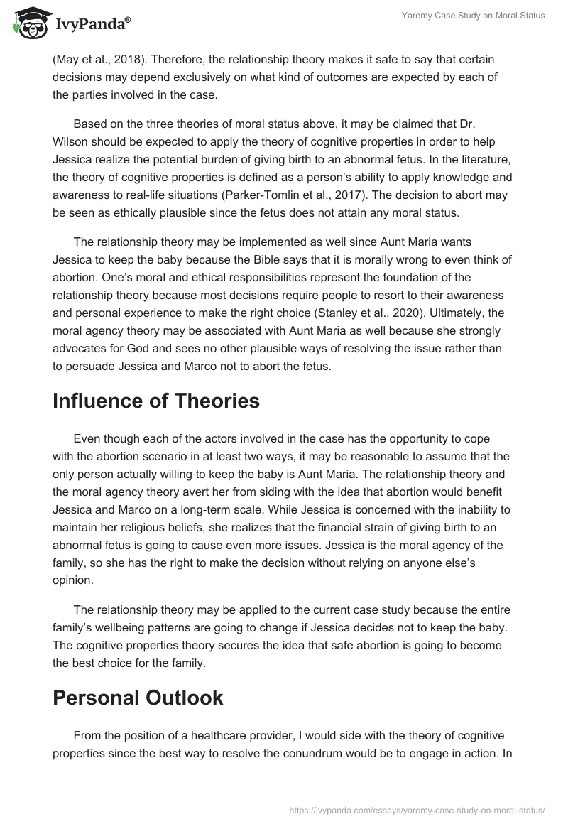 Yaremy Case Study on Moral Status. Page 2