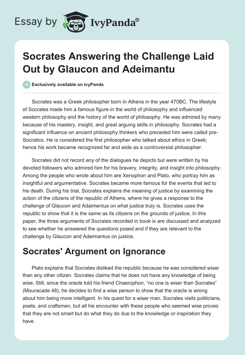 Socrates Answering the Challenge Laid Out by Glaucon and Adeimantu. Page 1