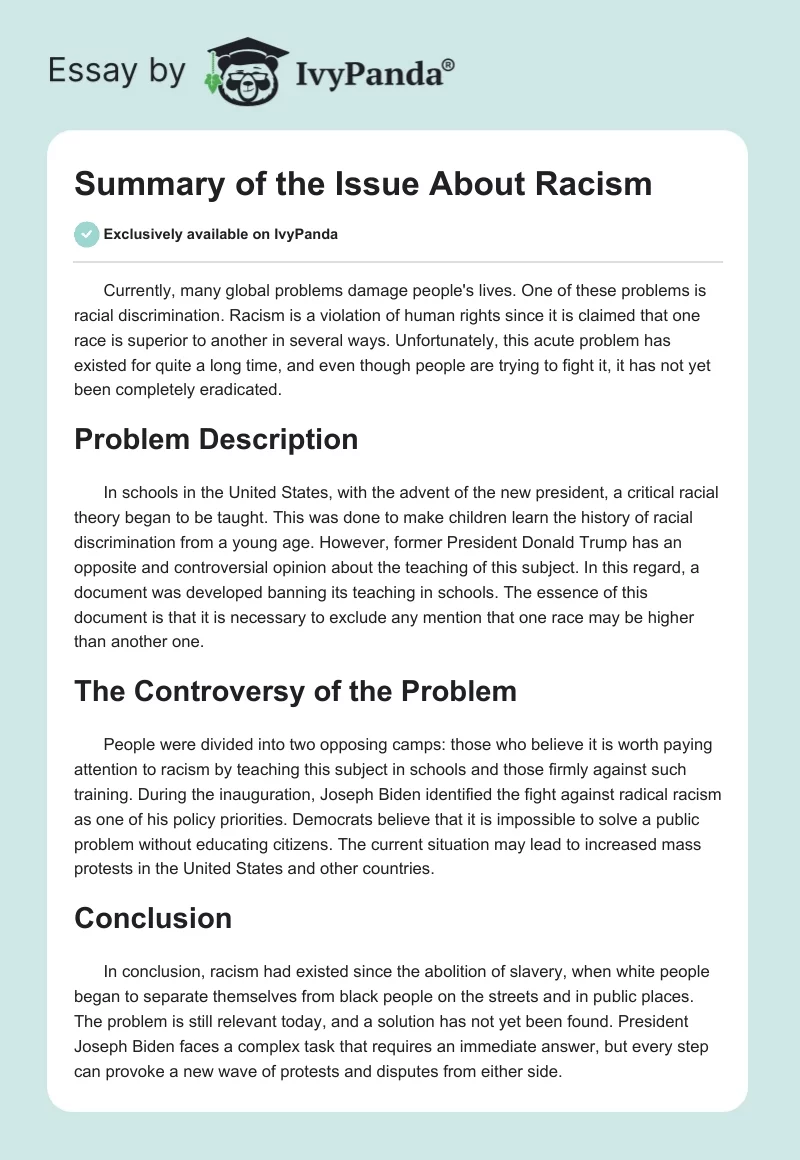 Summary of the Issue About Racism. Page 1