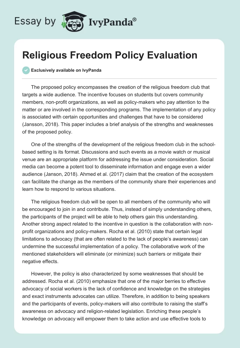 Religious Freedom Policy Evaluation. Page 1