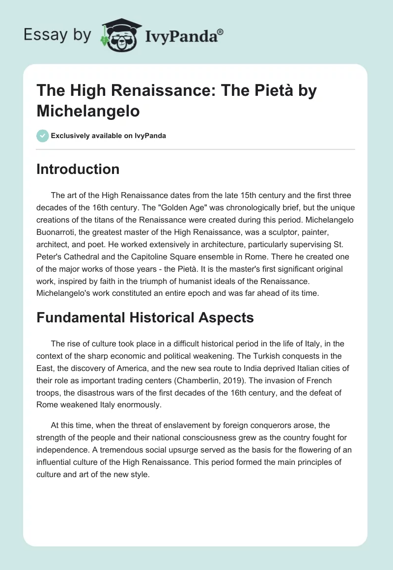 The High Renaissance: The Pietà by Michelangelo. Page 1