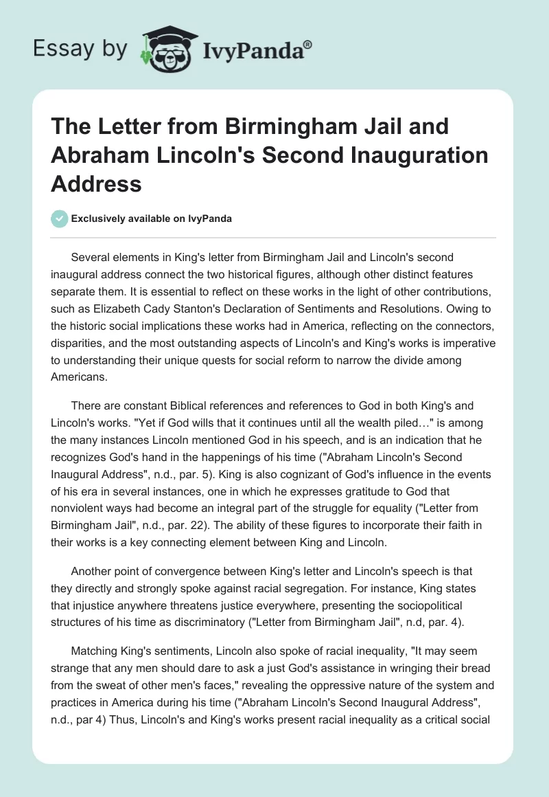 The Letter From Birmingham Jail and Abraham Lincoln’s Second Inauguration Address. Page 1