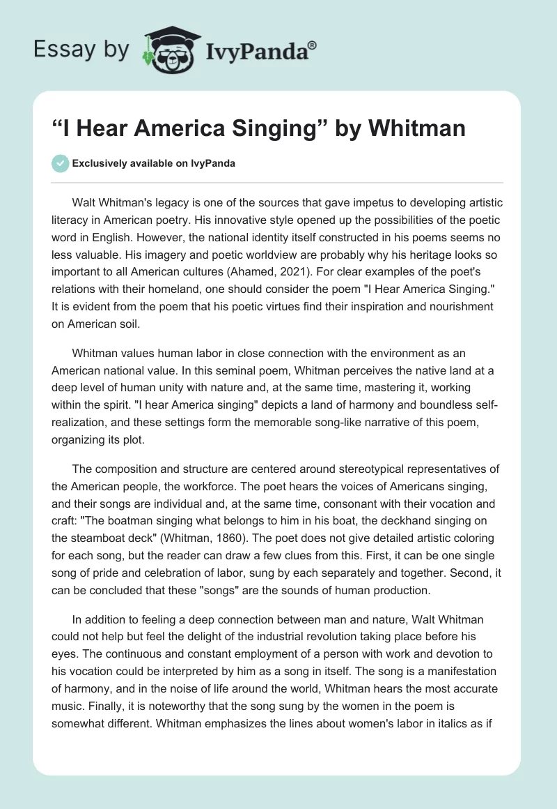 “I Hear America Singing” by Whitman. Page 1