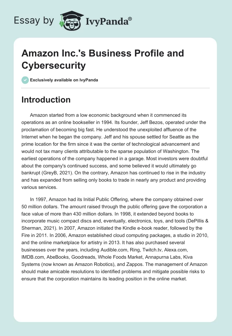 Amazon Inc.'s Business Profile and Cybersecurity. Page 1