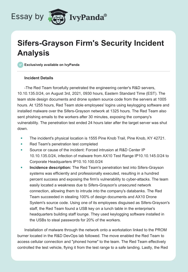 Sifers-Grayson Firm's Security Incident Analysis. Page 1