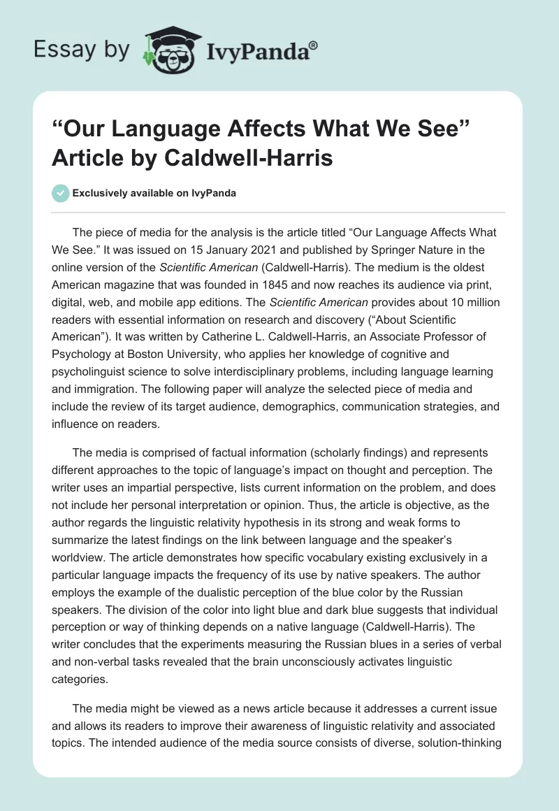 “Our Language Affects What We See” Article by Caldwell-Harris. Page 1