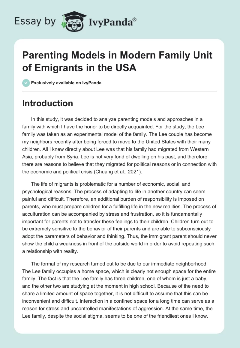 Parenting Models in Modern Family Unit of Emigrants in the USA. Page 1