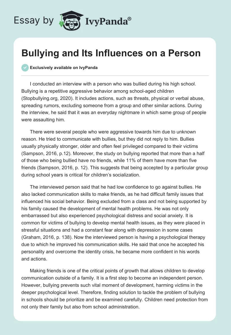 Bullying and Its Influences on a Person. Page 1