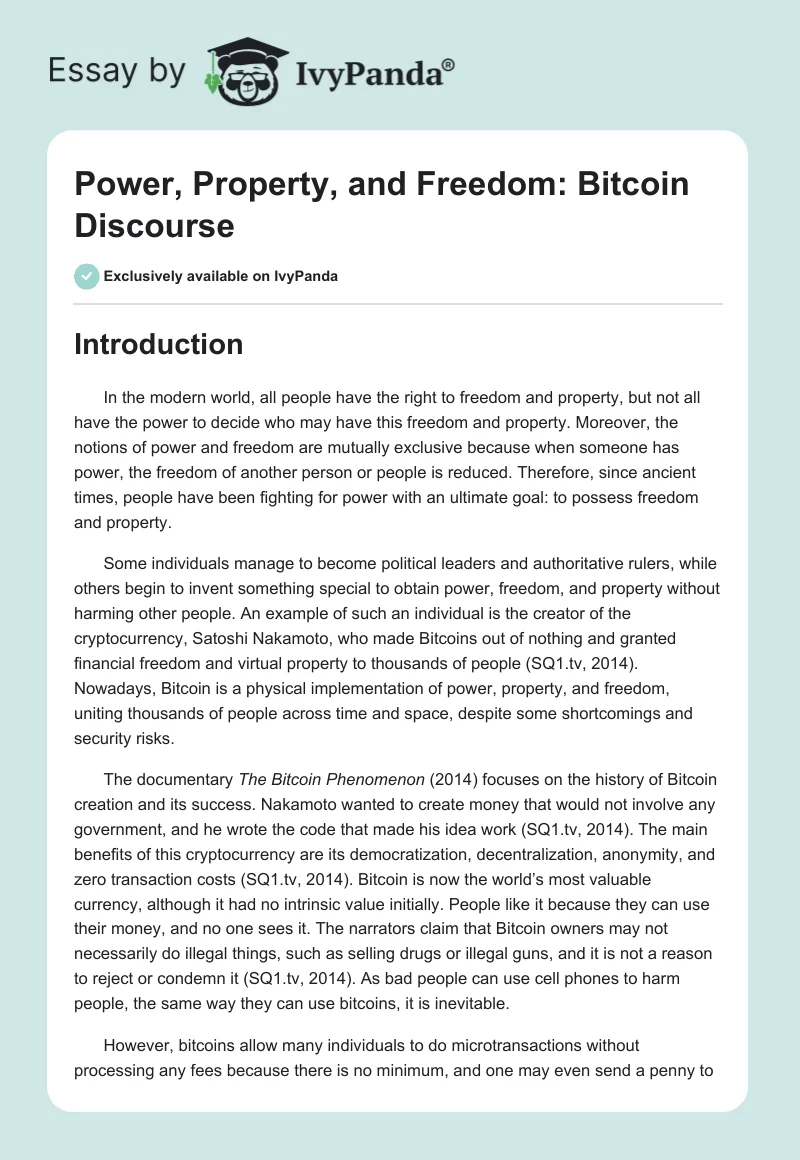 Power, Property, and Freedom: Bitcoin Discourse. Page 1
