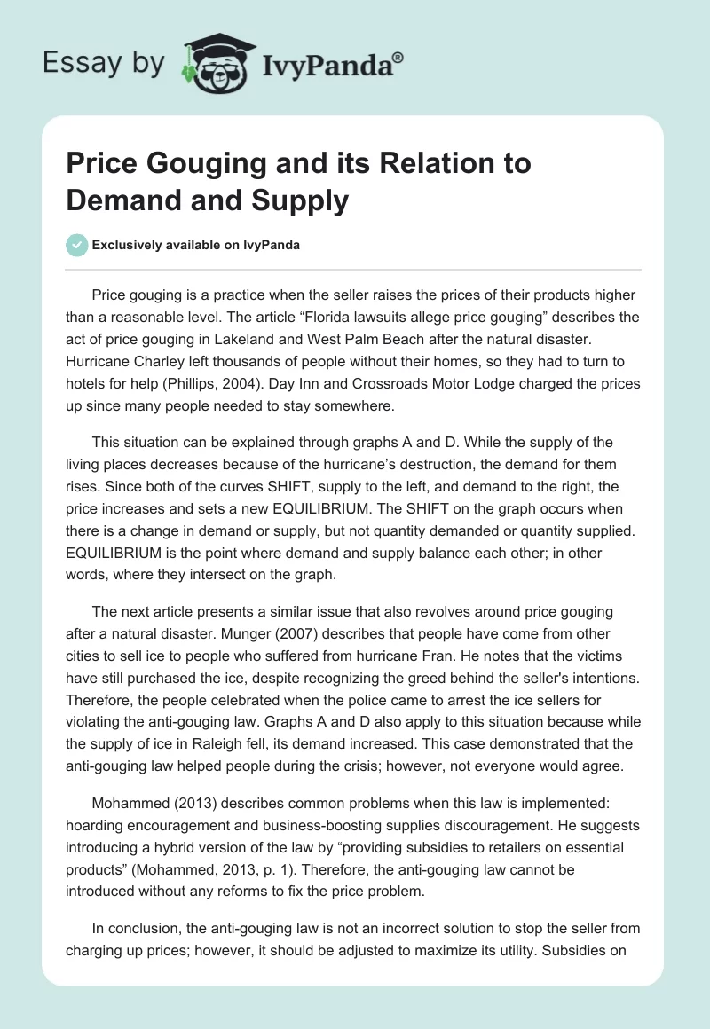 Price Gouging and its Relation to Demand and Supply. Page 1