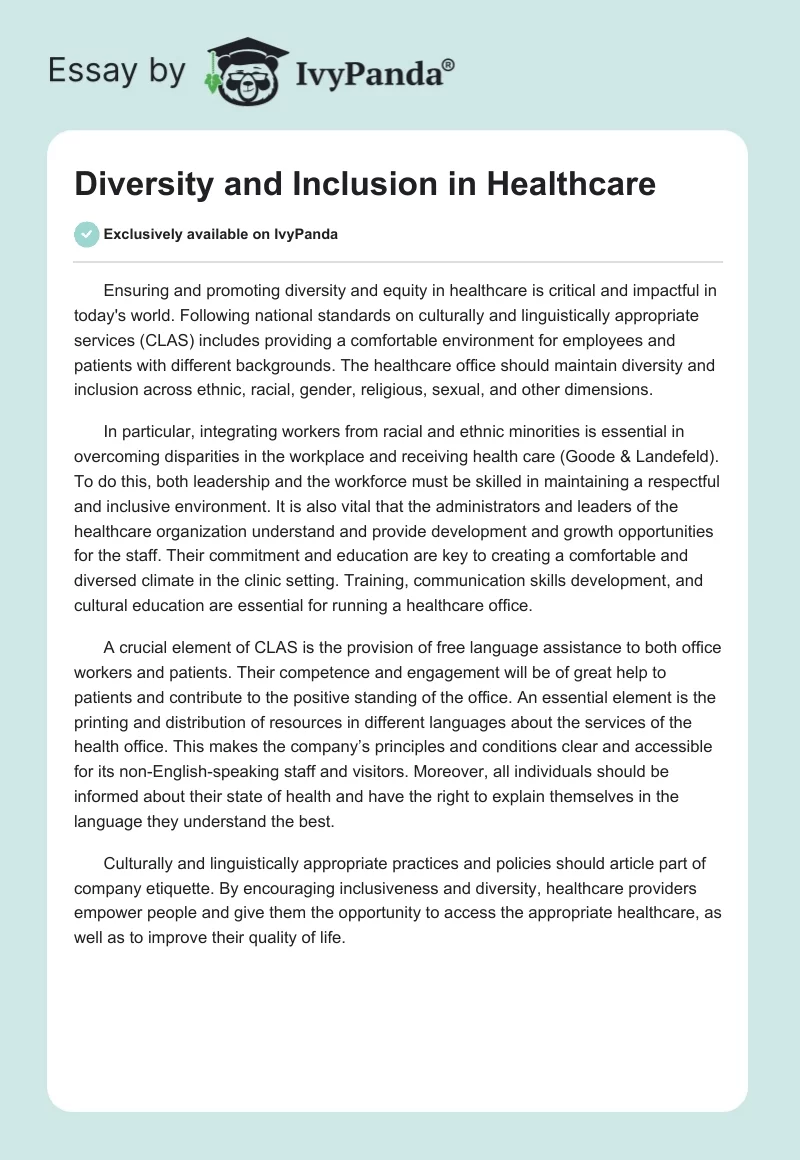 Diversity and Inclusion in Healthcare. Page 1