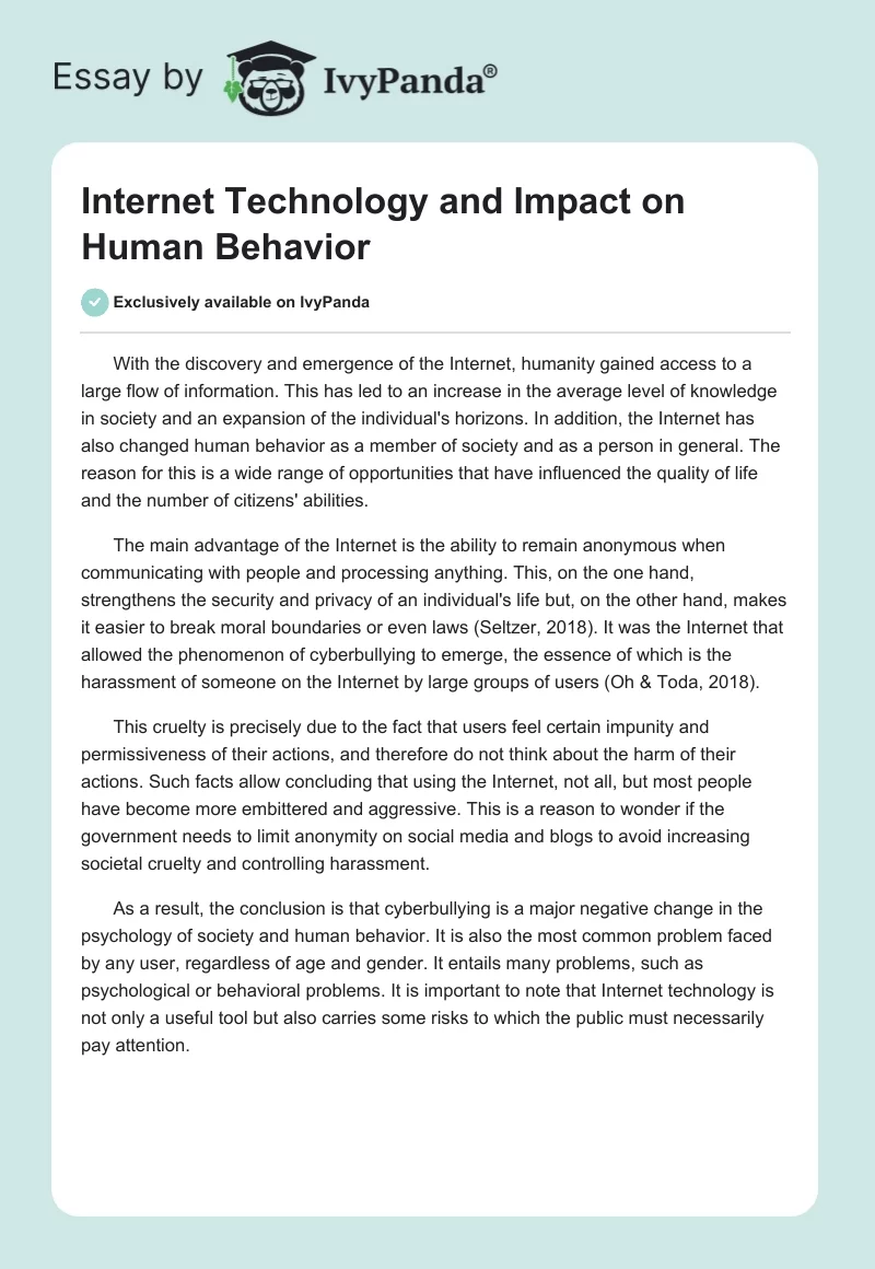 Internet Technology and Impact on Human Behavior. Page 1