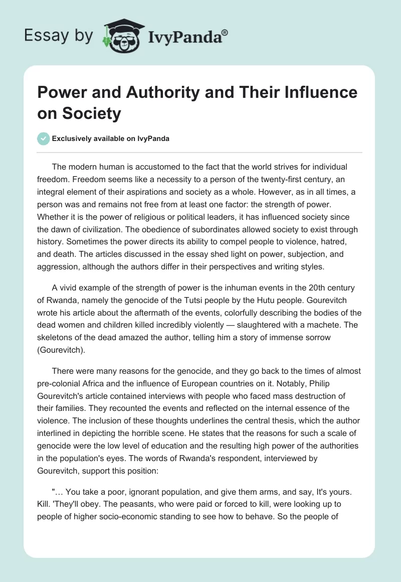 Power and Authority and Their Influence on Society. Page 1