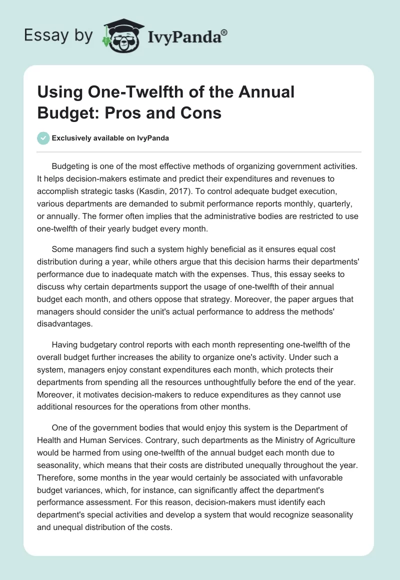 Using One-Twelfth of the Annual Budget: Pros and Cons. Page 1