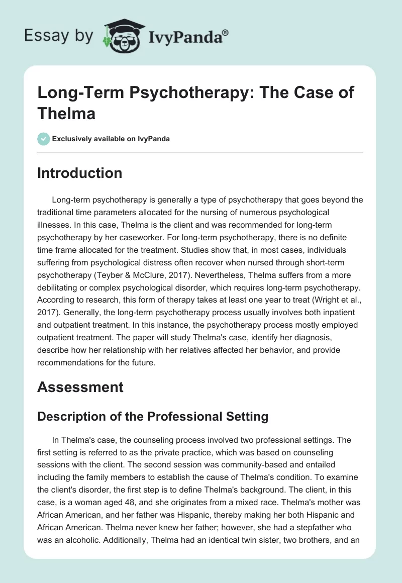 Long-Term Psychotherapy: The Case of Thelma. Page 1