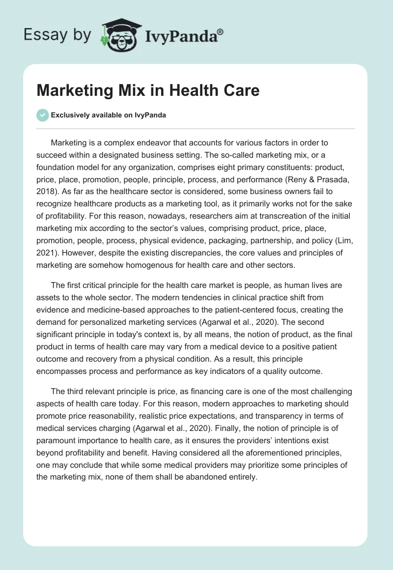 Marketing Mix in Health Care. Page 1