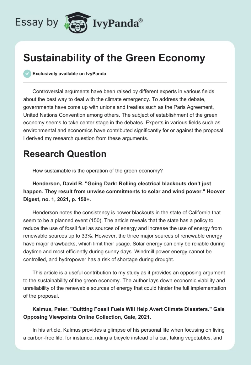 Sustainability of the Green Economy. Page 1