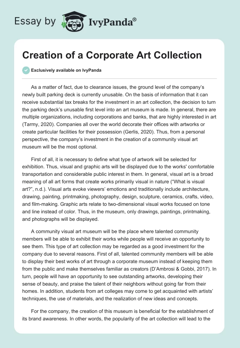 Creation of a Corporate Art Collection. Page 1