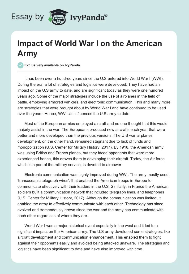 Impact of World War I on the American Army. Page 1