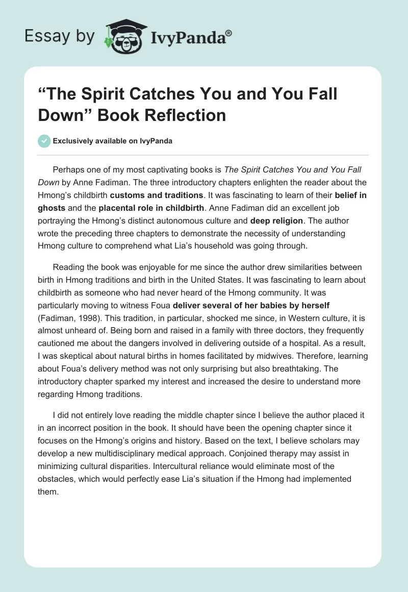 “The Spirit Catches You and You Fall Down” Book Reflection. Page 1